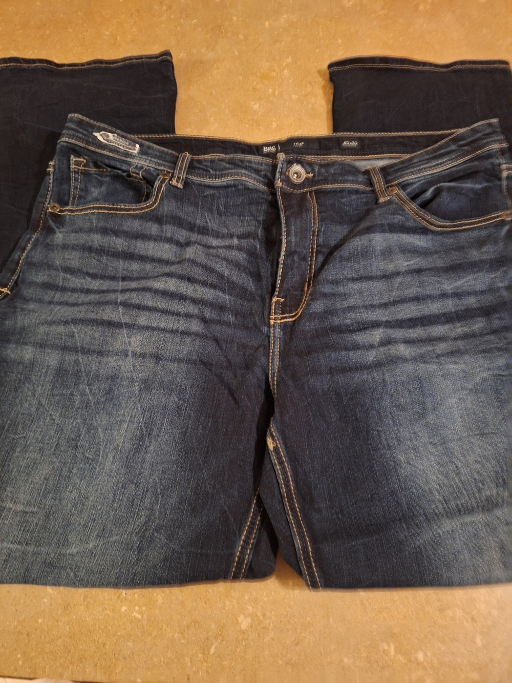 BKE Men's Dark Blue Bootcut Jeans with Faded Whiskering
